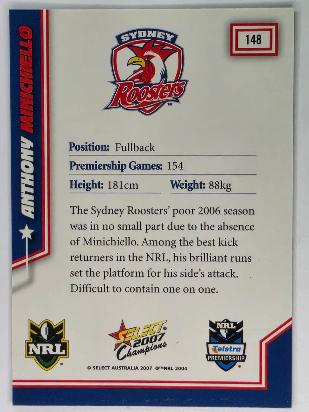 NRL 2007 Champions Base Card #148 Anthony Minichiello Sydney Roosters