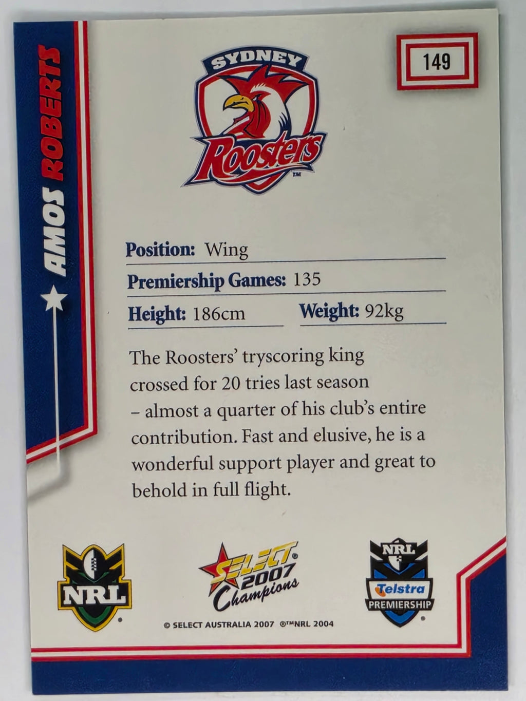NRL 2007 Champions Base Card #149 Amos Roberts Sydney Roosters