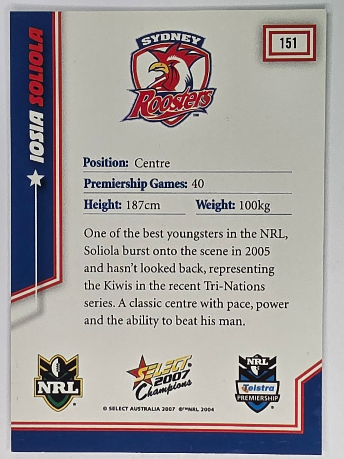 NRL 2007 Champions Base Card #151 Iosia Soliola Sydney Roosters