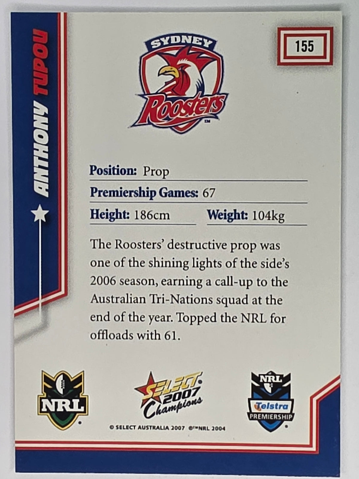 NRL 2007 Champions Base Card #155 Anthony Tupou Sydney Roosters