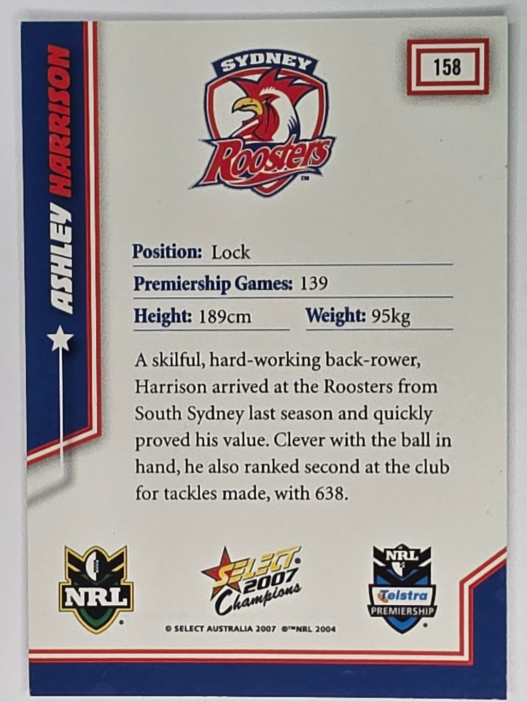 NRL 2007 Champions Base Card #158 Ashley Harrison Sydney Roosters