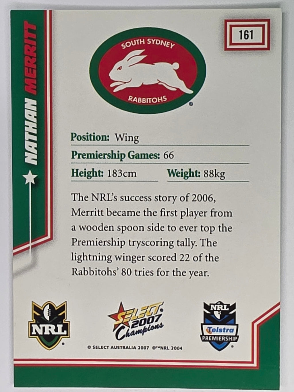 NRL 2007 Champions Base Card #161 Nathan Merritt South Sydney Rabbitohs