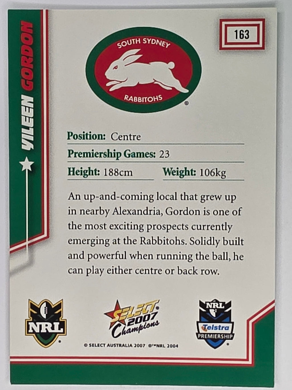 NRL 2007 Champions Base Card #163 Yileen Gordon South Sydney Rabbitohs