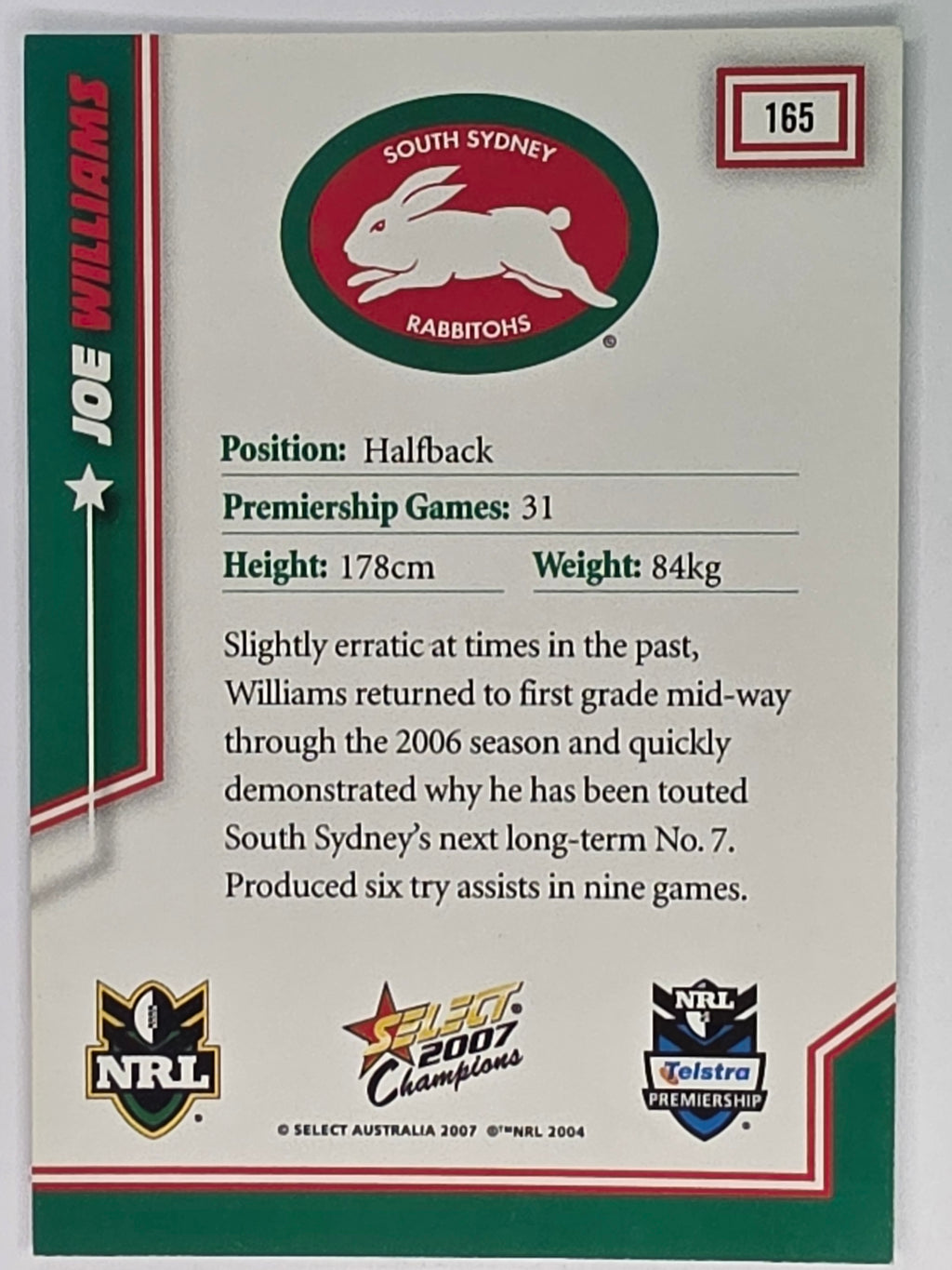 NRL 2007 Champions Base Card #165 Joe Williams South Sydney Rabbitohs