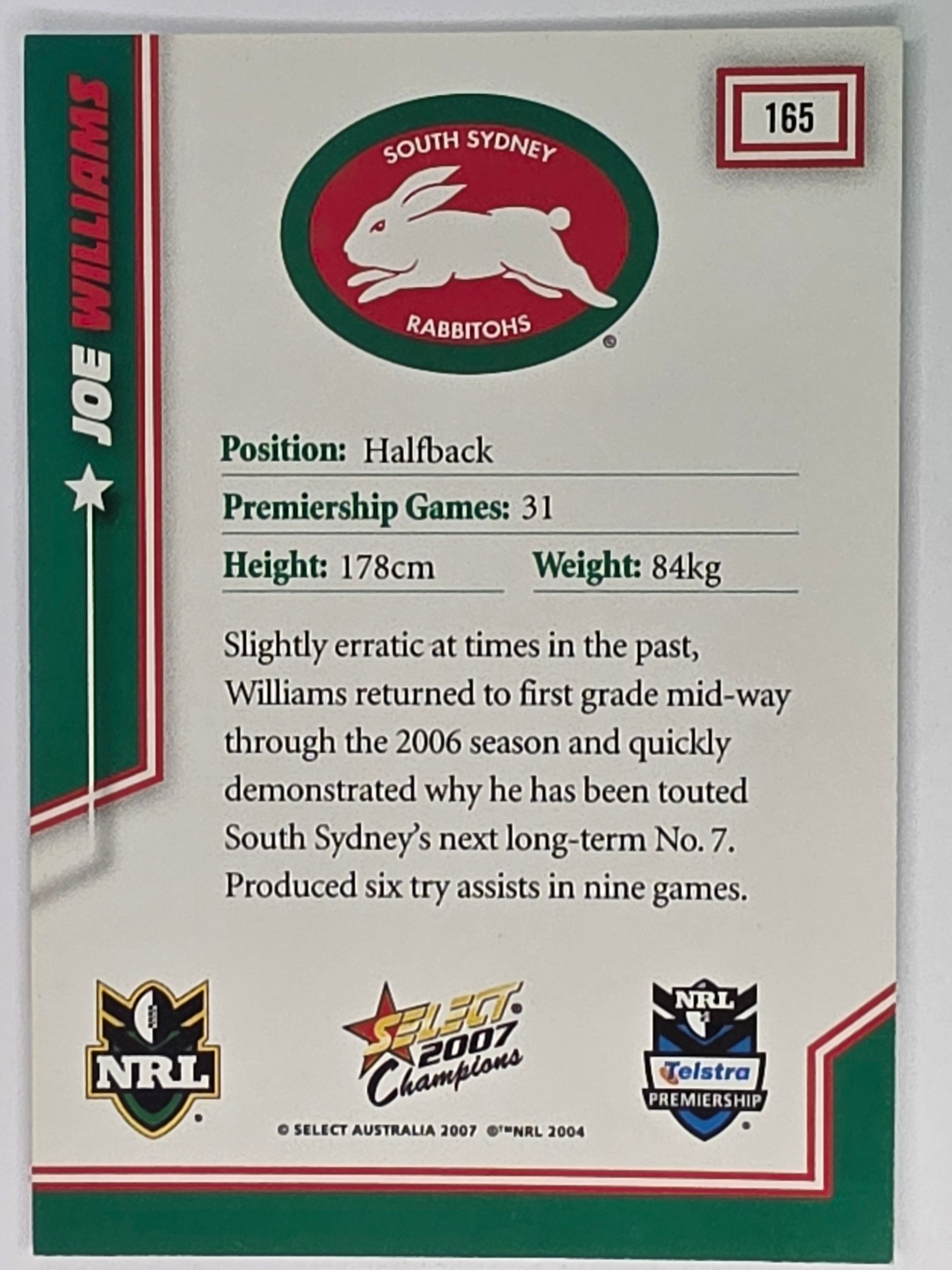 NRL 2007 Champions Base Card #165 Joe Williams South Sydney Rabbitohs
