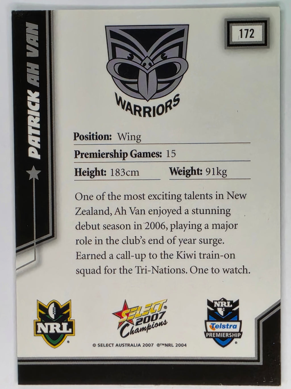 NRL 2007 Champions Base Card #172 Patrick Ah Van New Zealand Warriors