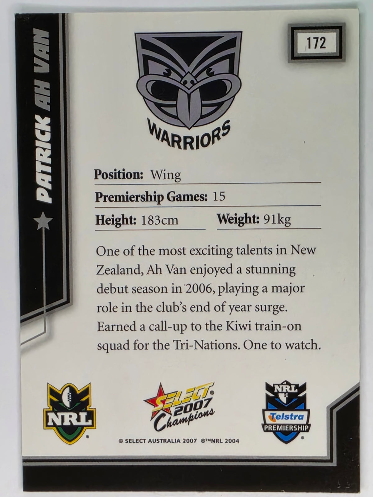 NRL 2007 Champions Base Card #172 Patrick Ah Van New Zealand Warriors