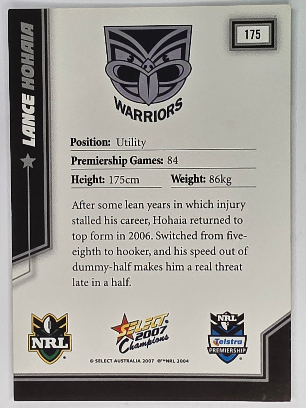 NRL 2007 Champions Base Card #175 Lance Hohaia New Zealand Warriors