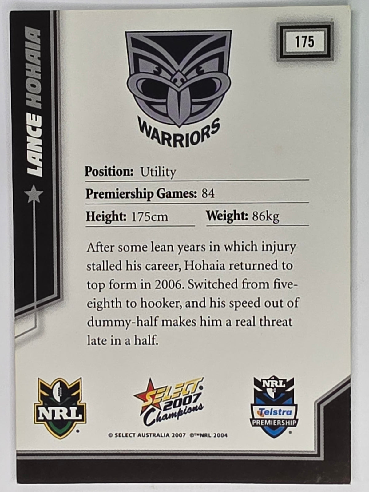 NRL 2007 Champions Base Card #175 Lance Hohaia New Zealand Warriors