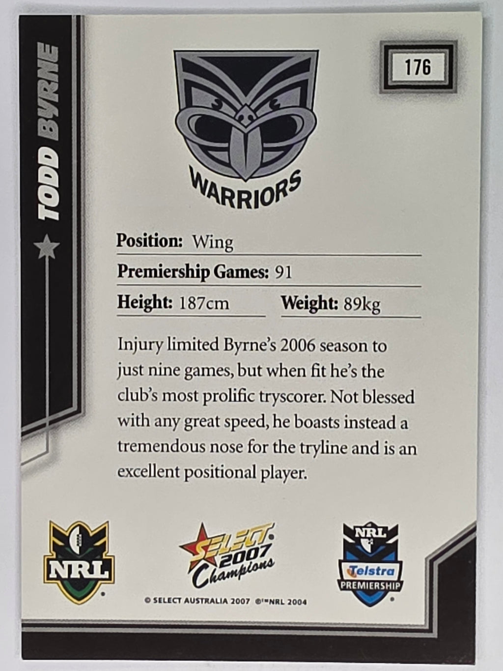 NRL 2007 Champions Base Card #176 Todd Byrne New Zealand Warriors