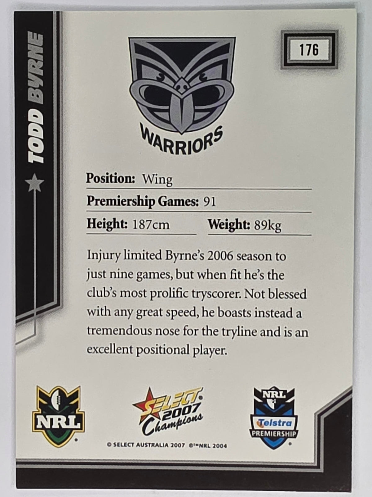 NRL 2007 Champions Base Card #176 Todd Byrne New Zealand Warriors