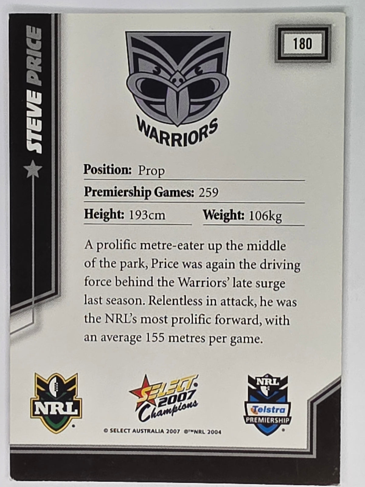 NRL 2007 Champions Base Card #180 Steve Price New Zealand Warriors