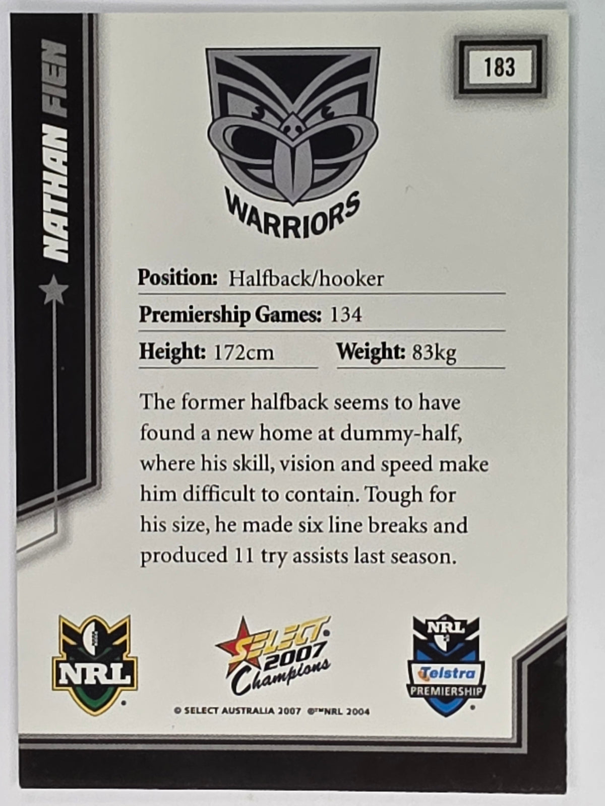NRL 2007 Champions Base Card #183 Nathan Fien New Zealand Warriors
