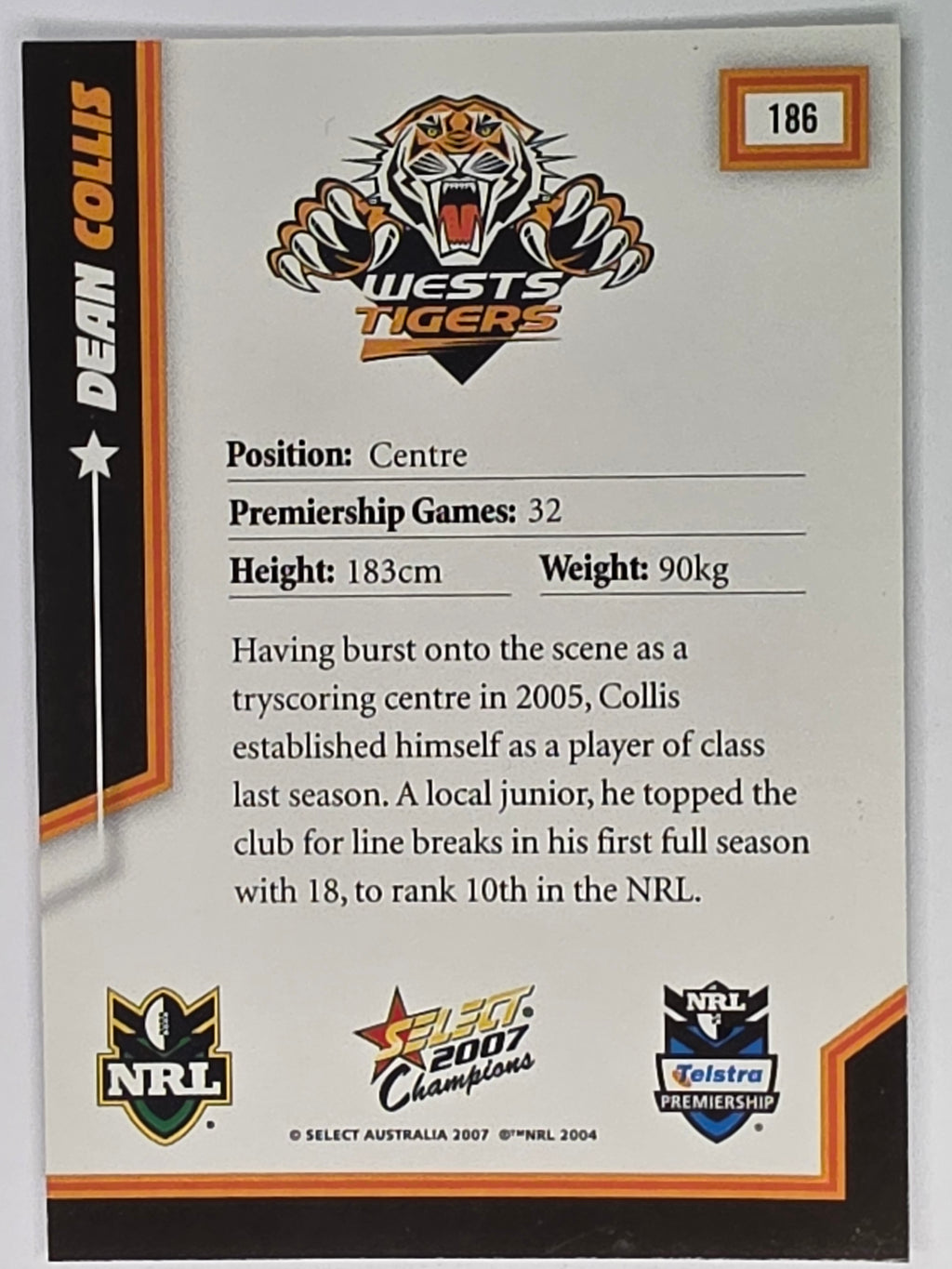 NRL 2007 Champions Base Card #186 Dean Collis Wests Tigers