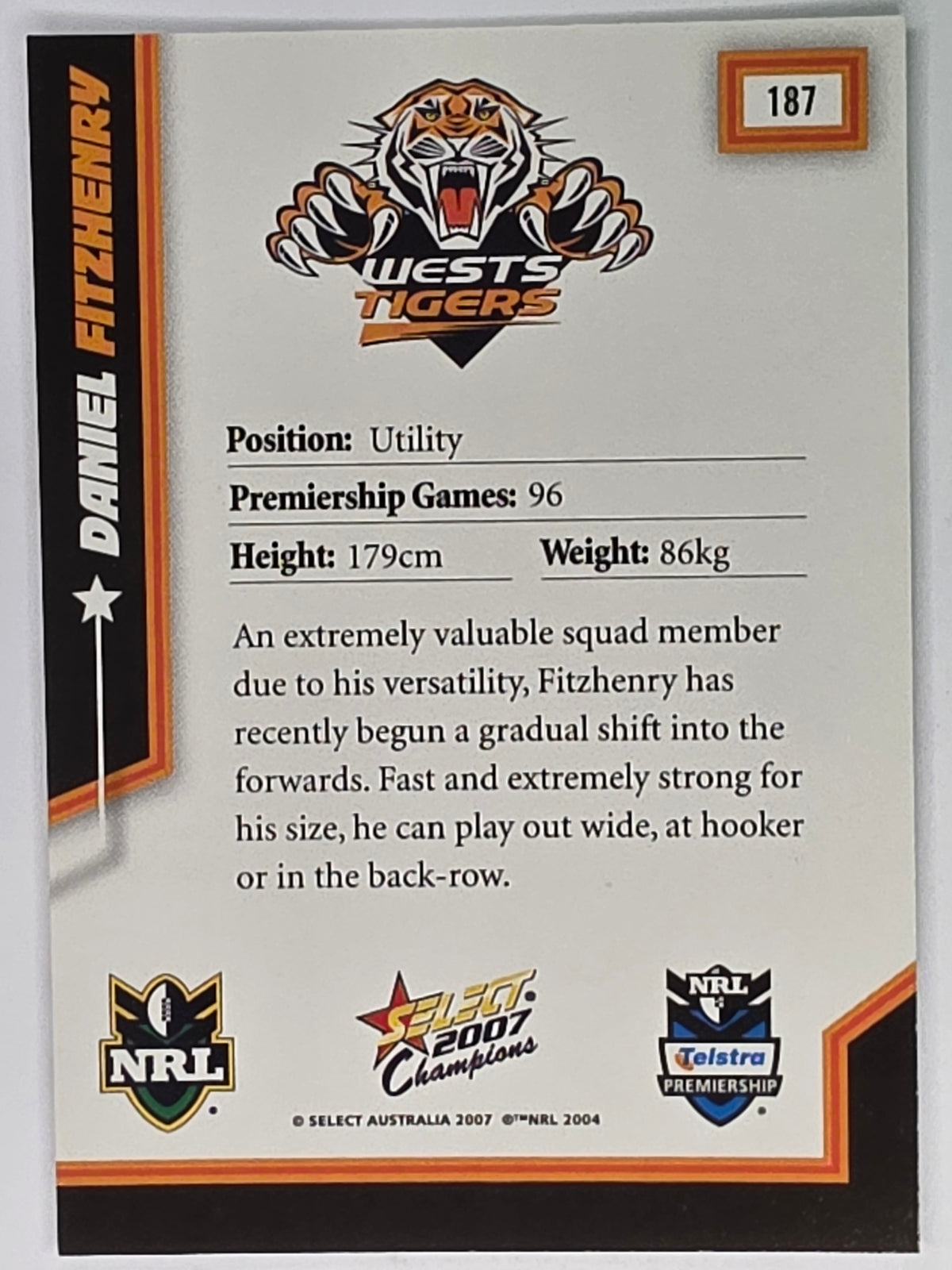 NRL 2007 Champions Base Card #187 Daniel Fitzhenry Wests Tigers