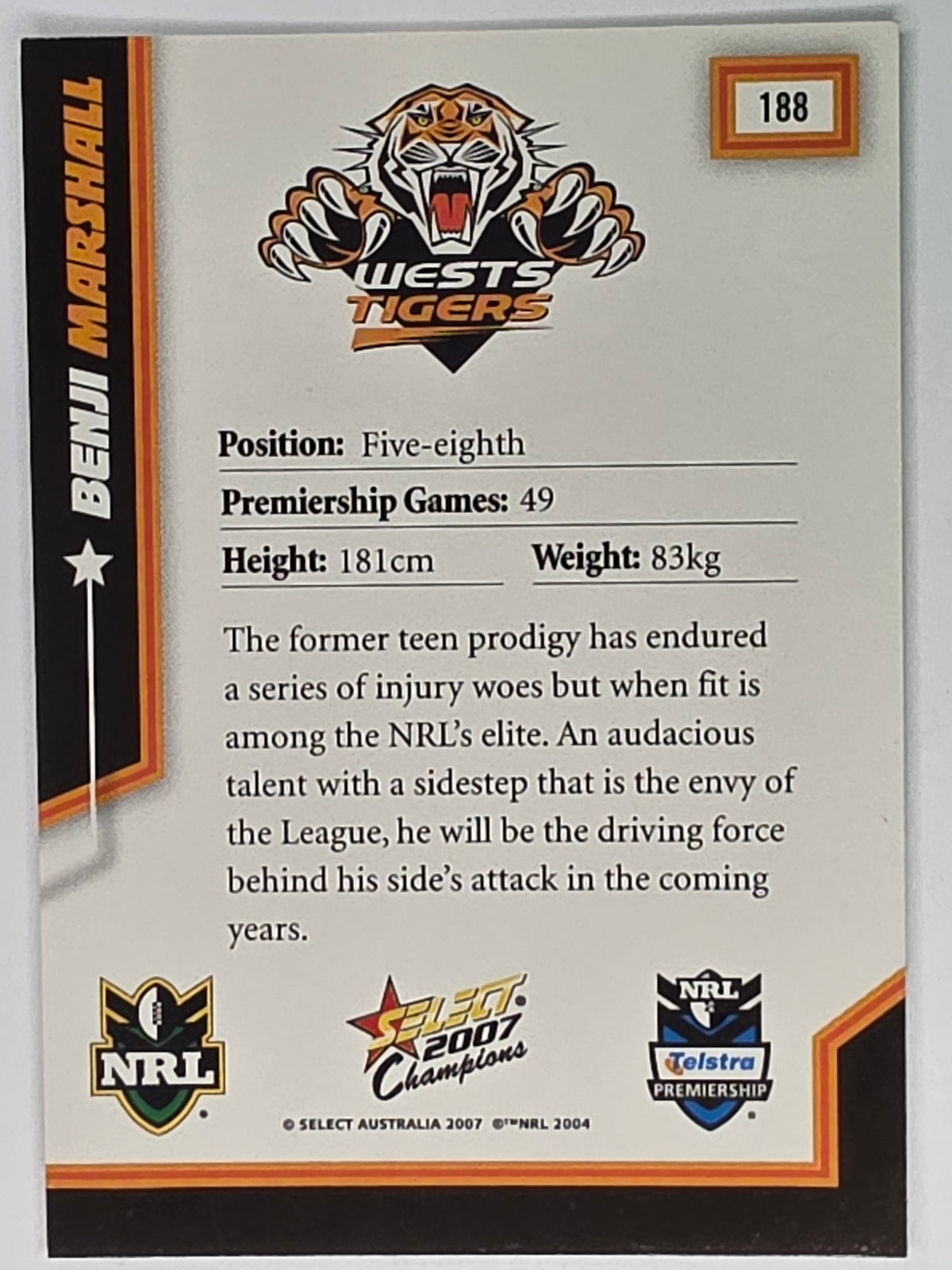 NRL 2007 Champions Base Card #188 Benji Marshall Wests Tigers