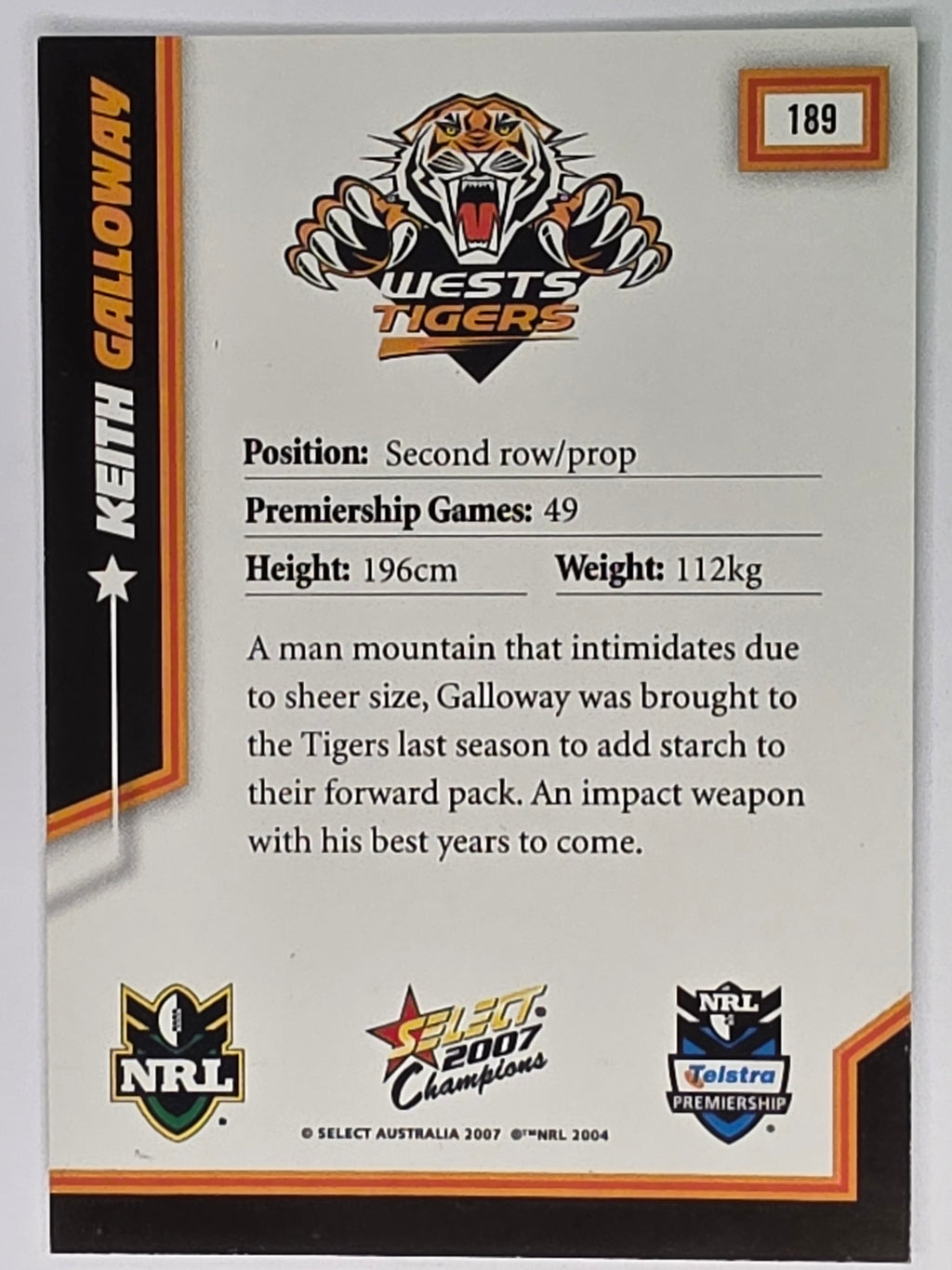 NRL 2007 Champions Base Card #189 Keith Galloway Wests Tigers