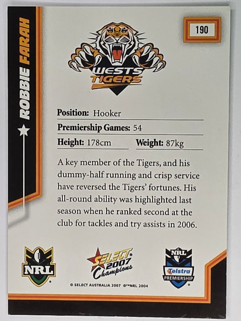 NRL 2007 Champions Base Card #190 Robbie Farah Wests Tigers
