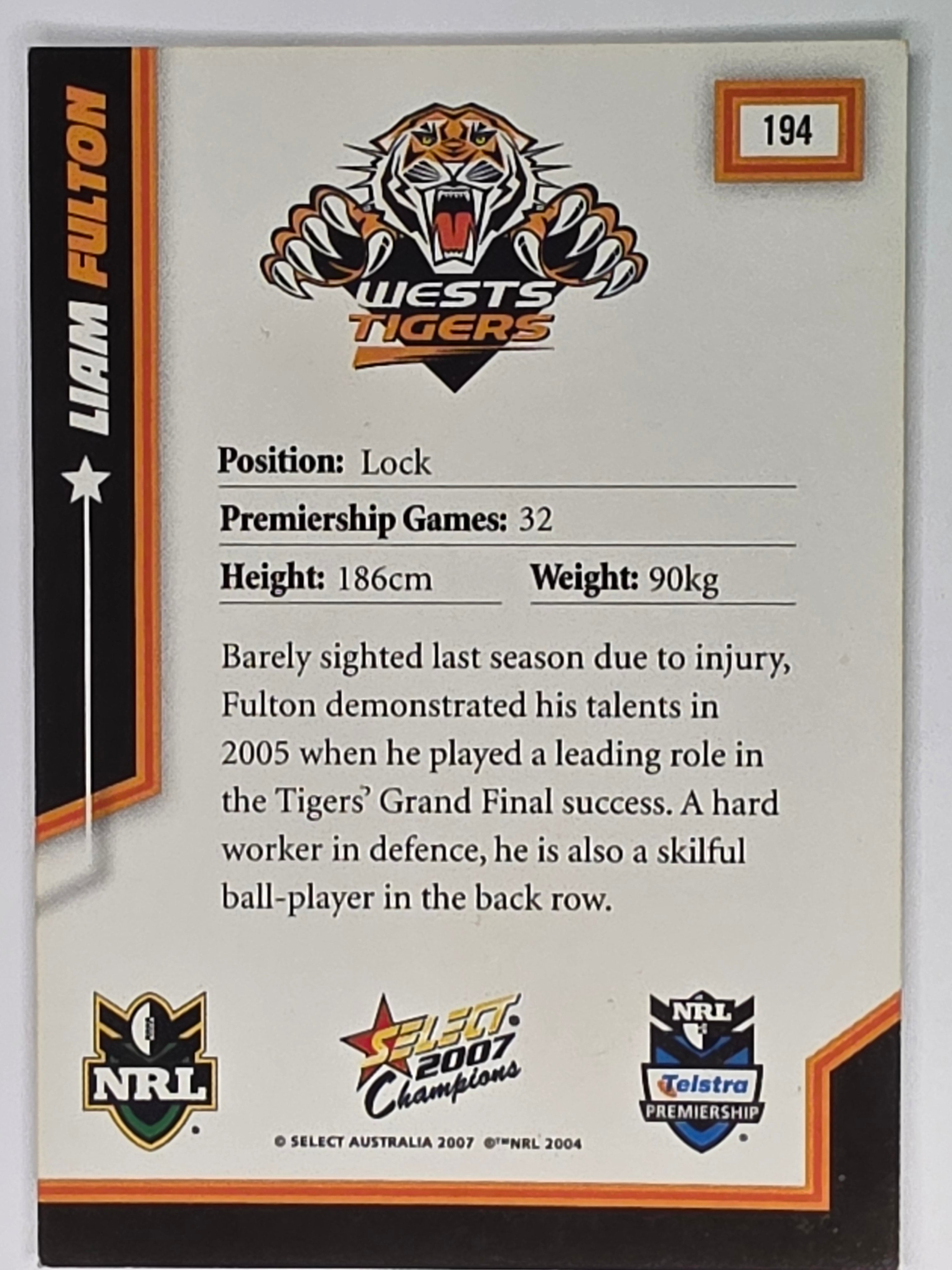 NRL 2007 Champions Base Card #194 Liam Fulton Wests Tigers
