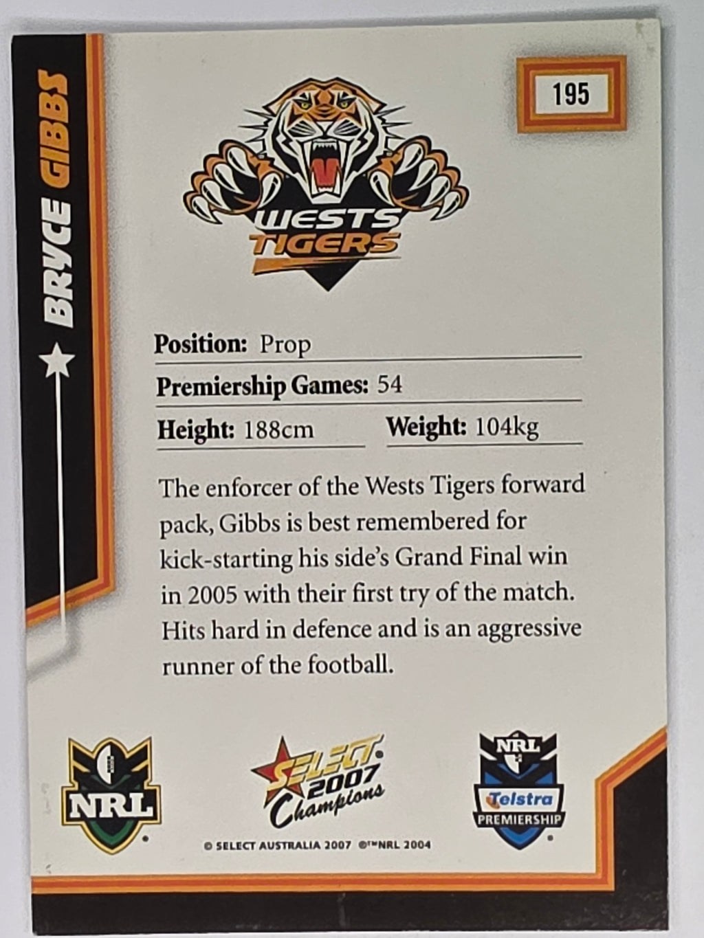 NRL 2007 Champions Base Card #195 Bryce Gibbs Wests Tigers