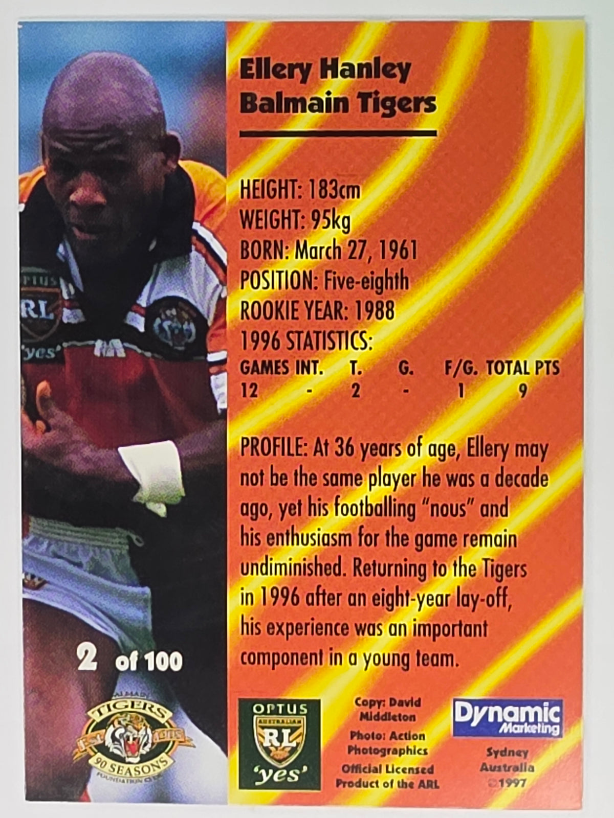 1997 Dynamic Fatty  Fun Pack Base Card #2 Ellery Hanley Balmain Tigers