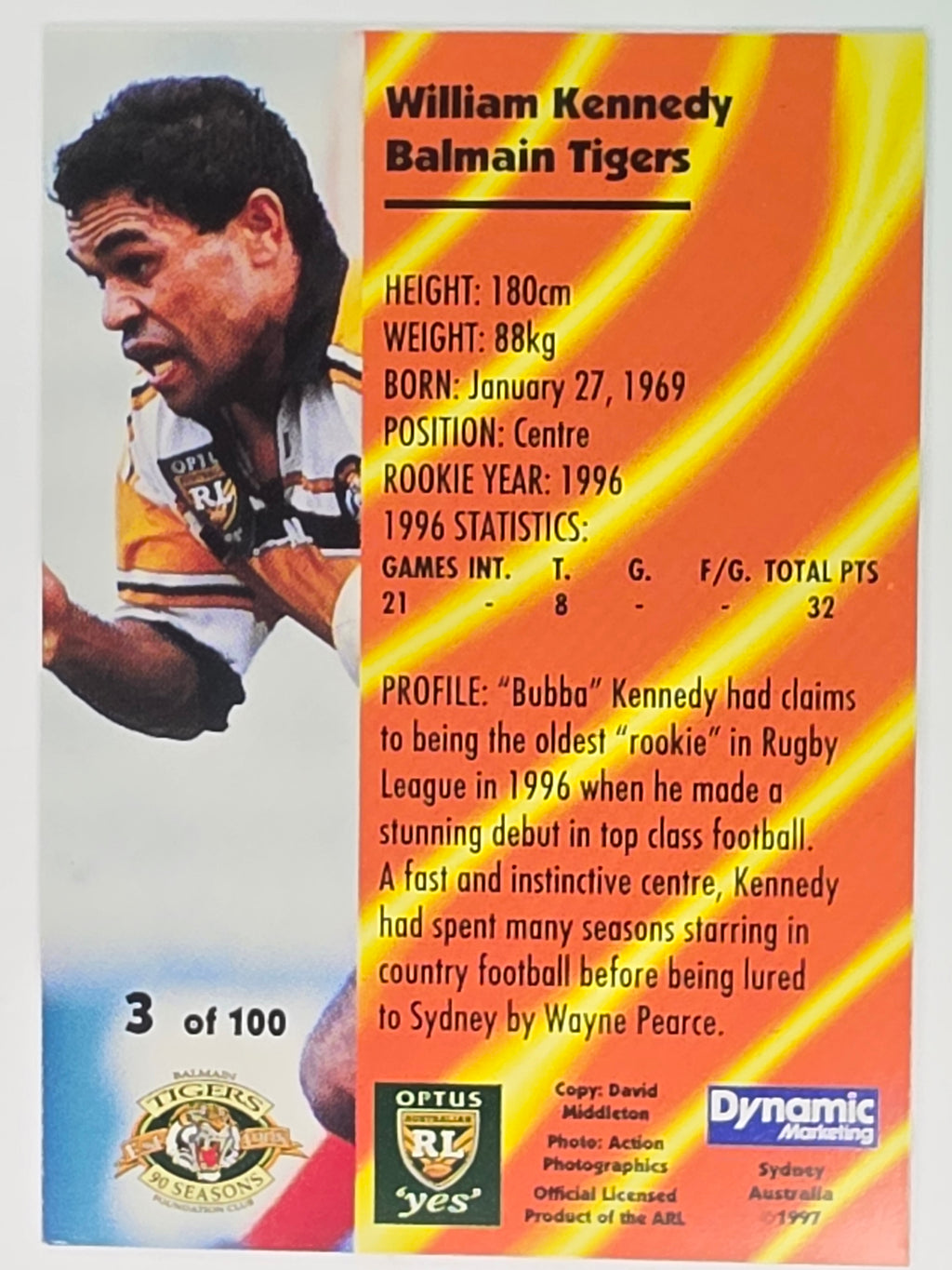 1997 Dynamic Fatty  Fun Pack Base Card #3 William Kennedy Balmain Tigers