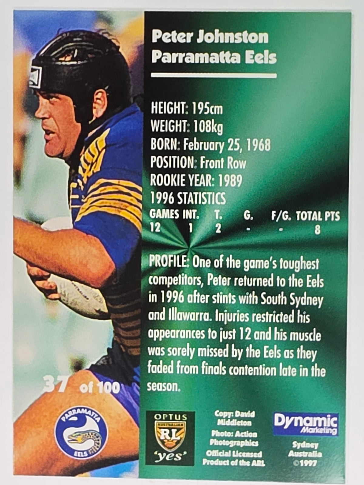 1997 Dynamic Fatty  Fun Pack Base Card #37 Peter Johnston Parramatta Eels