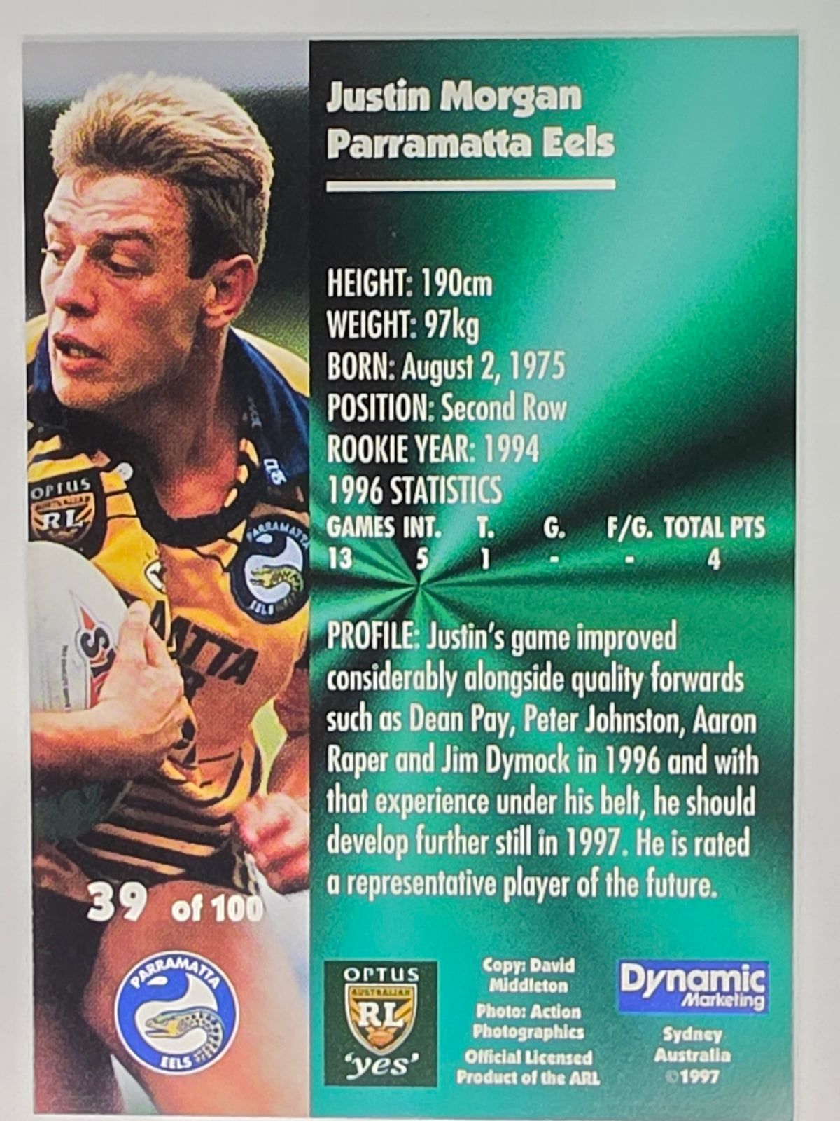 1997 Dynamic Fatty  Fun Pack Base Card #39 Justin Morgan Parramatta Eels