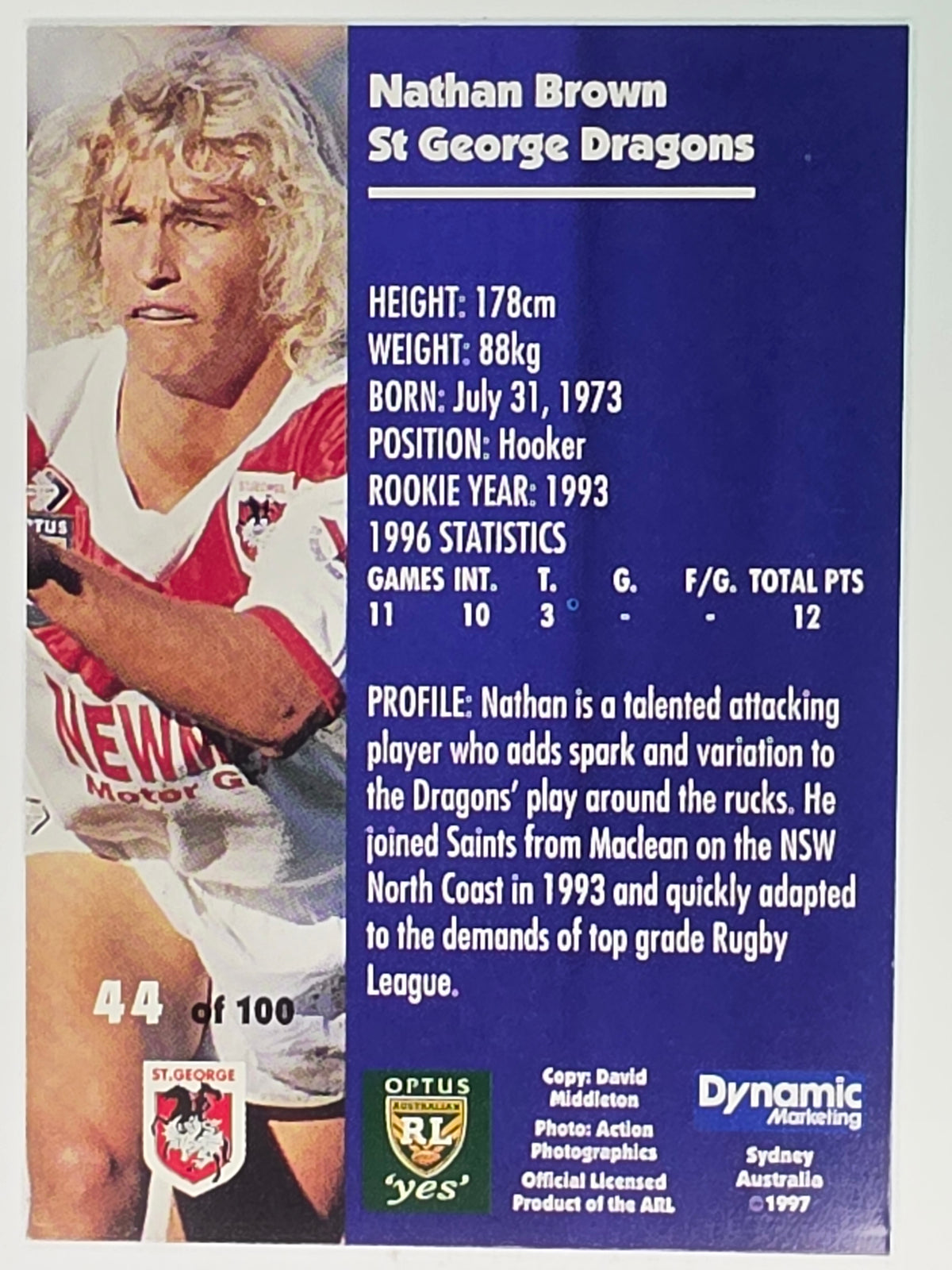 1997 Dynamic Fatty  Fun Pack Base Card #44 Nathan Brown St George Dragons