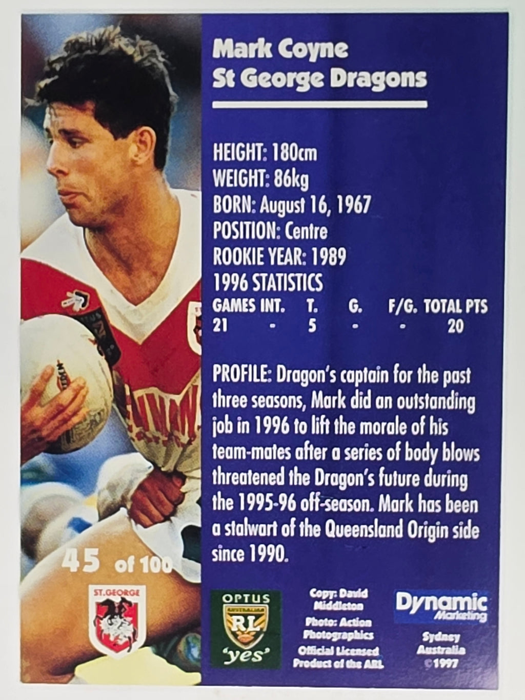 1997 Dynamic Fatty  Fun Pack Base Card #45 Mark Coyne St George Dragons
