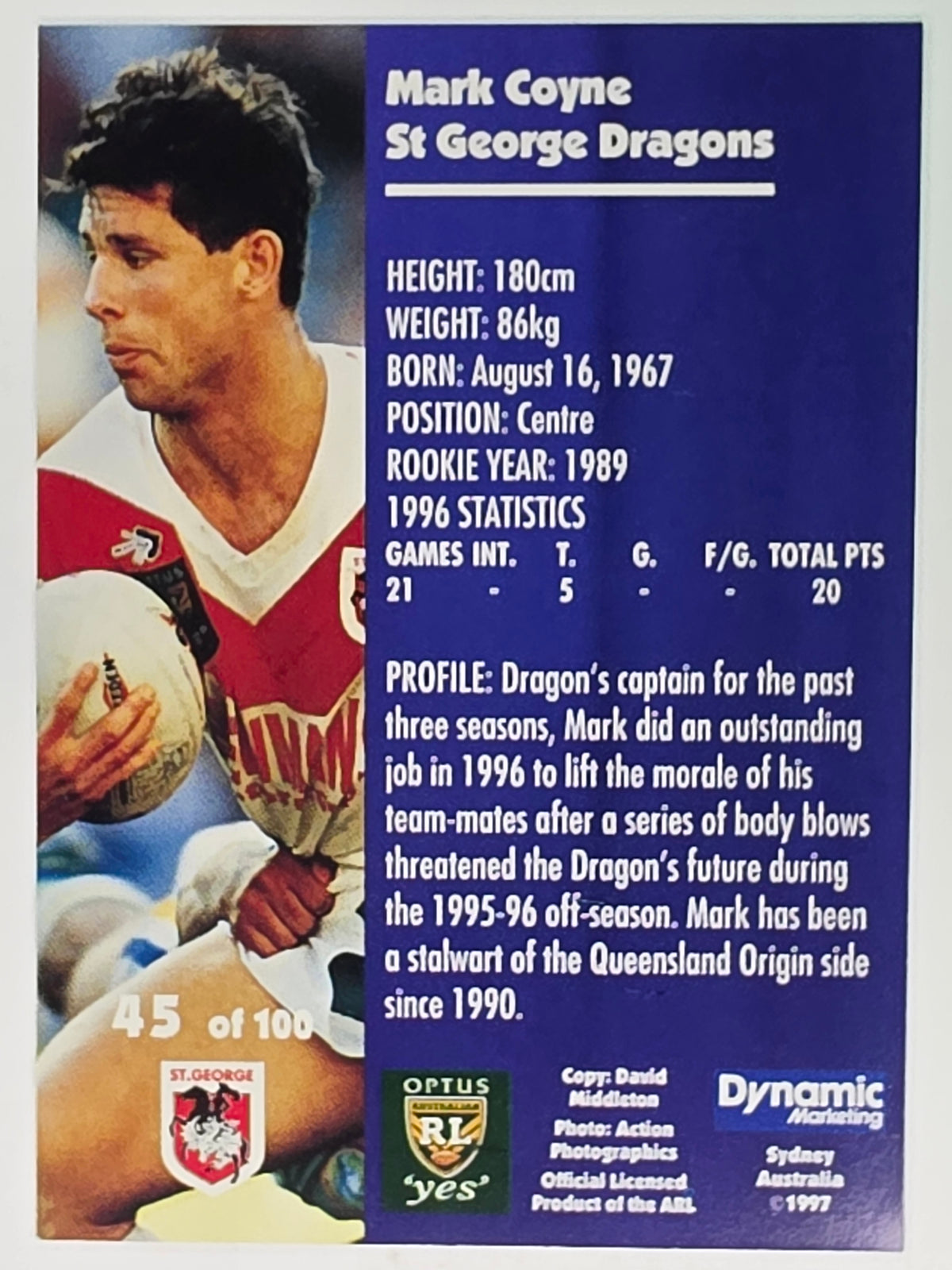 1997 Dynamic Fatty  Fun Pack Base Card #45 Mark Coyne St George Dragons
