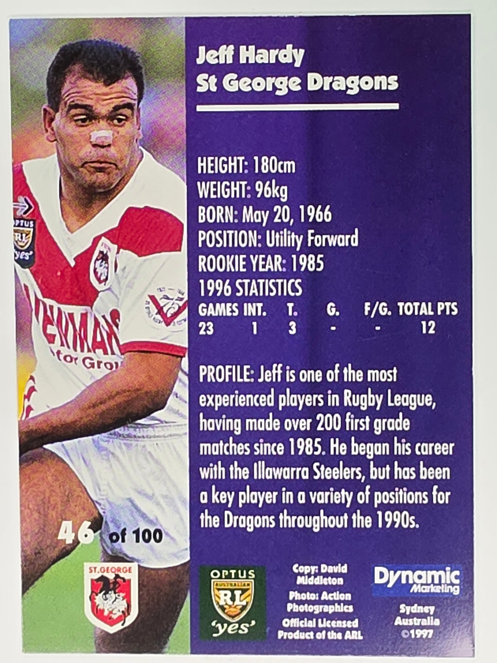 1997 Dynamic Fatty  Fun Pack Base Card #46 Jeff Hardy St George Dragons