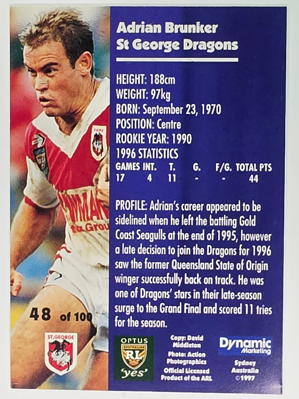 1997 Dynamic Fatty  Fun Pack Base Card #48 Adrian Brunker St George Dragons