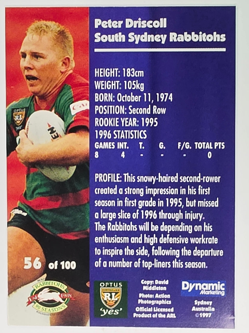 1997 Dynamic Fatty  Fun Pack Base Card #56 Peter Driscoll South Sydney Rabbitohs