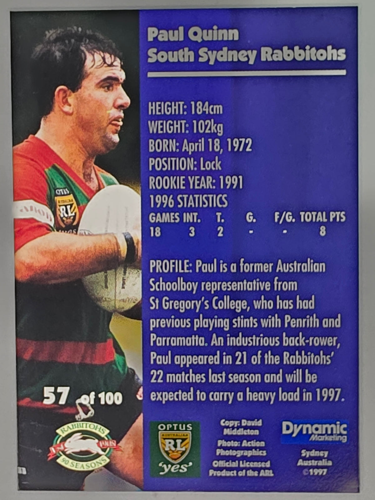 1997 Dynamic Fatty  Fun Pack Base Card #57 Paul Quinn South Sydney Rabbitohs