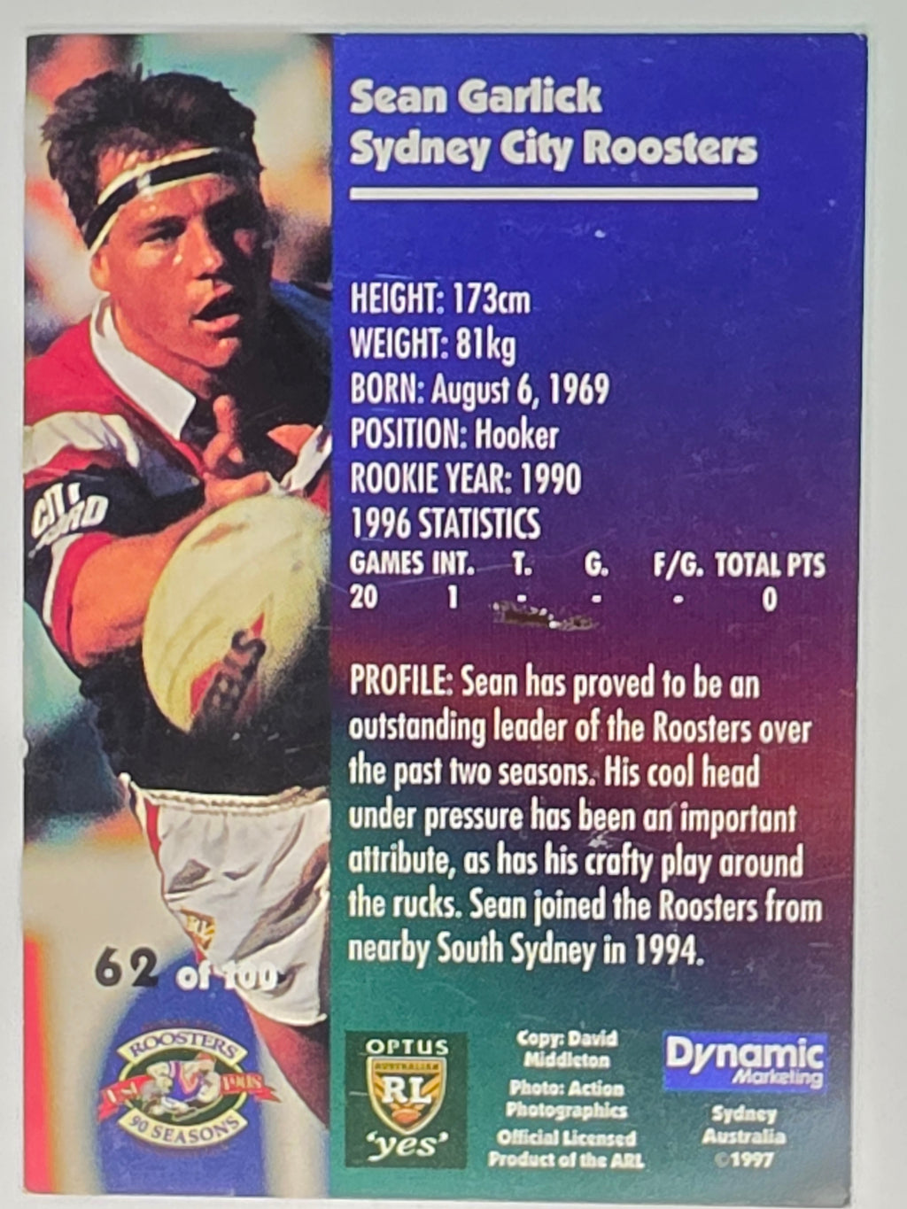 1997 Dynamic Fatty  Fun Pack Base Card #62 Sean Garlick Eastern Suburbs Roosters