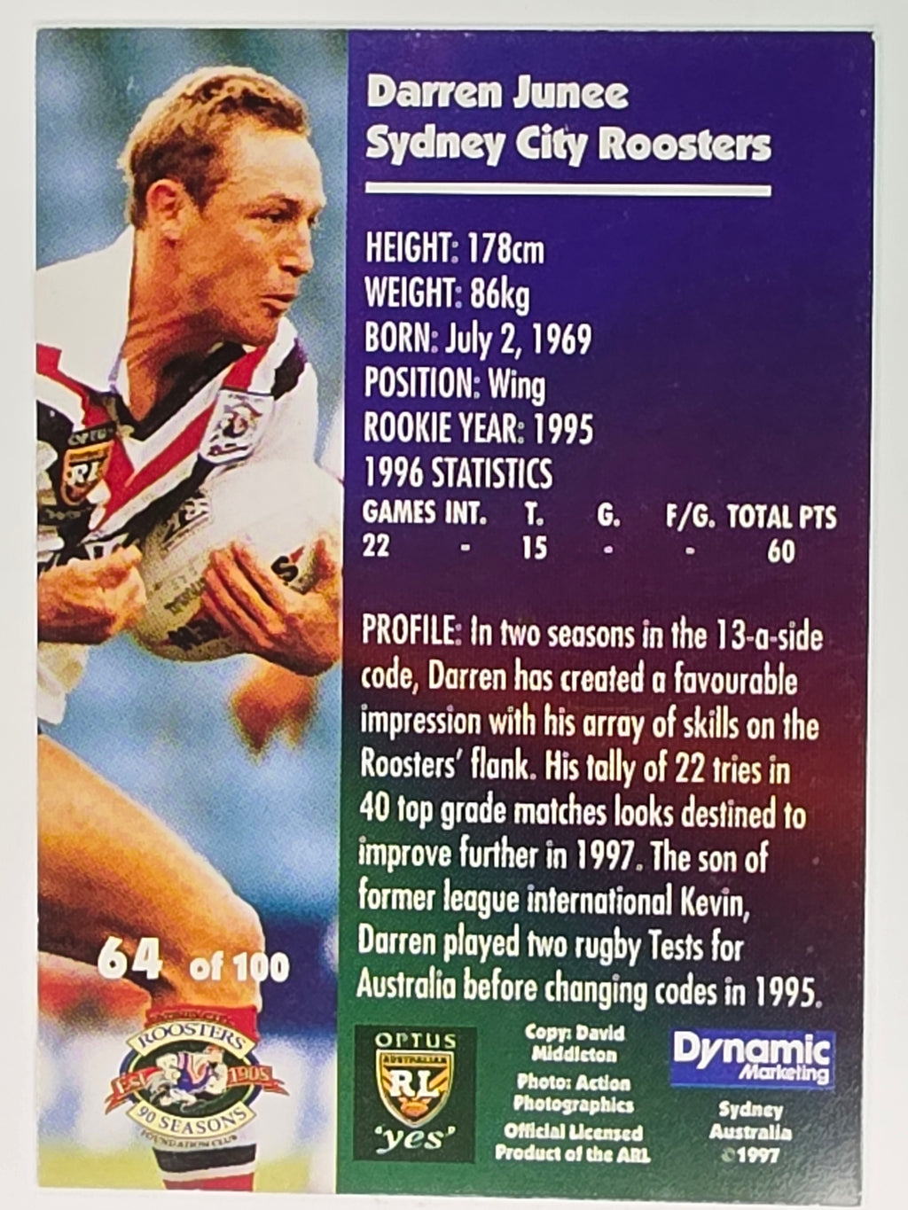 1997 Dynamic Fatty  Fun Pack Base Card #64 Darren Junee Eastern Suburbs Roosters
