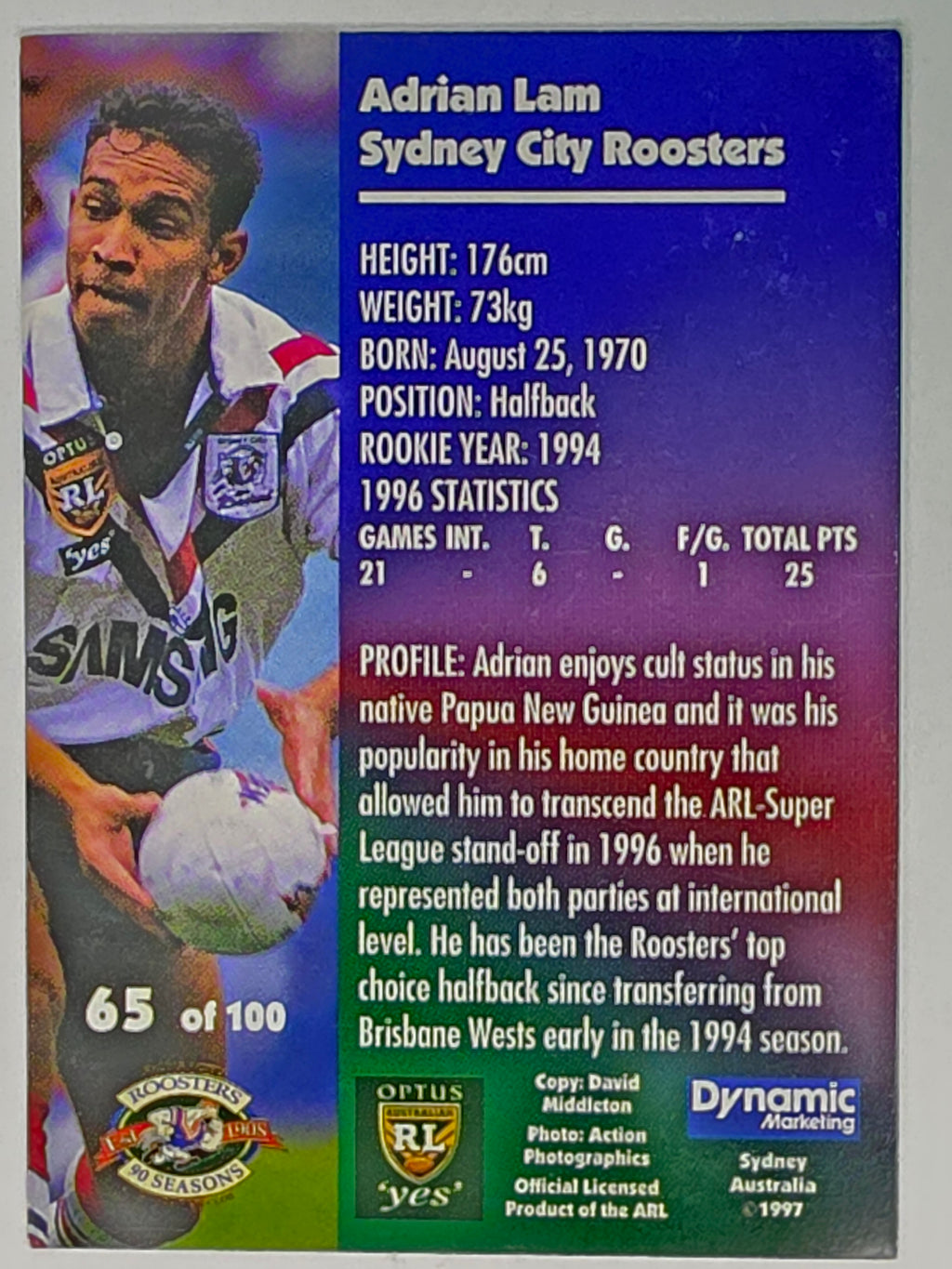 1997 Dynamic Fatty  Fun Pack Base Card #65 Adrian Lam Eastern Suburbs Roosters
