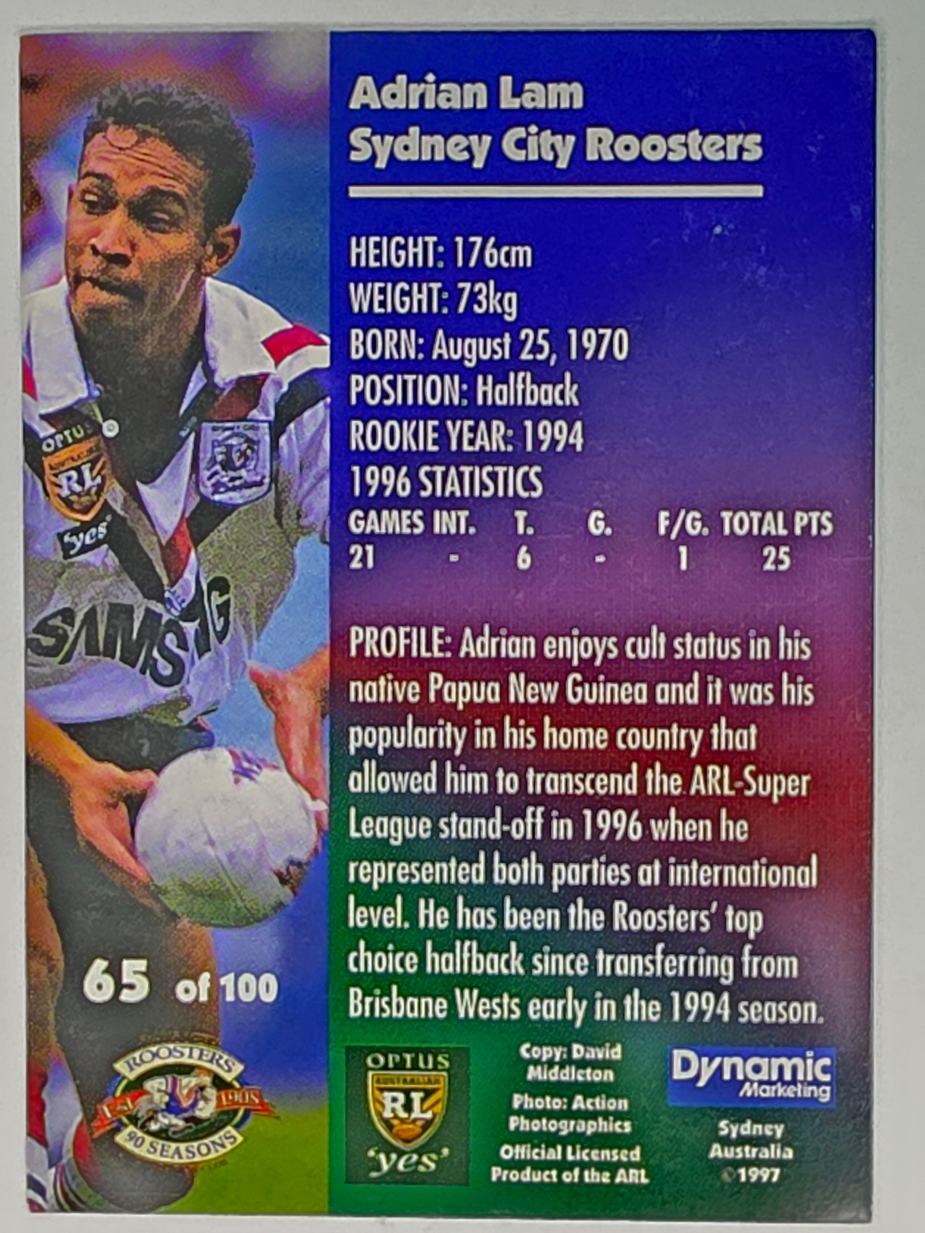 1997 Dynamic Fatty  Fun Pack Base Card #65 Adrian Lam Eastern Suburbs Roosters