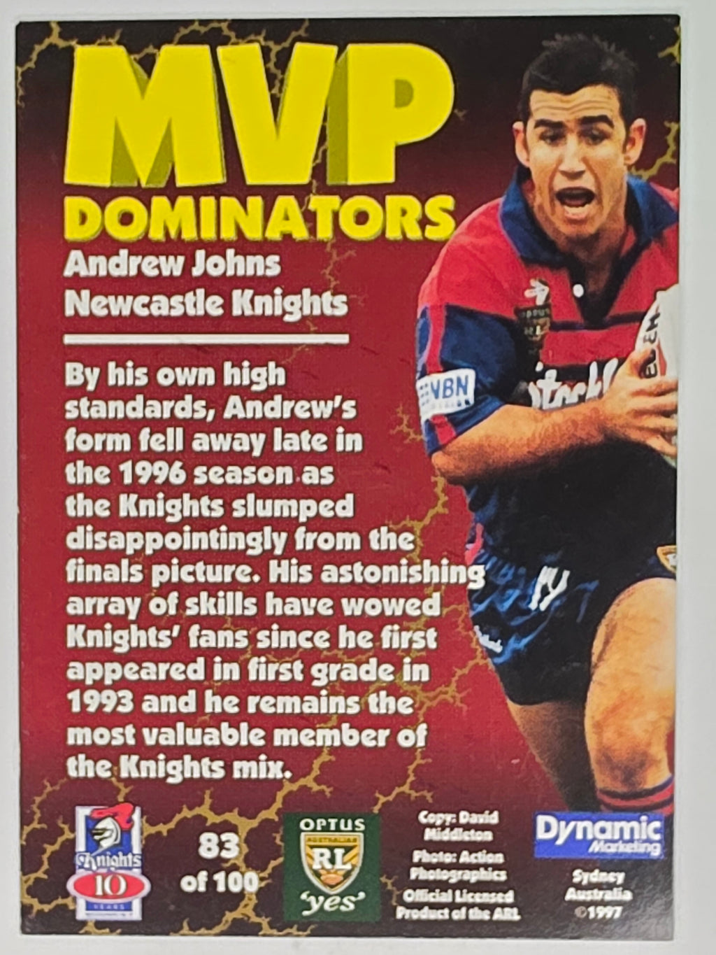 1997 Dynamic Fatty  Fun Pack Base Card #83 Andrew Johns Newcastle Knights
