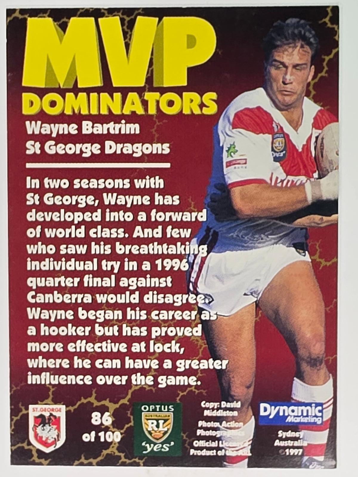 1997 Dynamic Fatty  Fun Pack Base Card #86 Wayne Bartrim St George Dragons