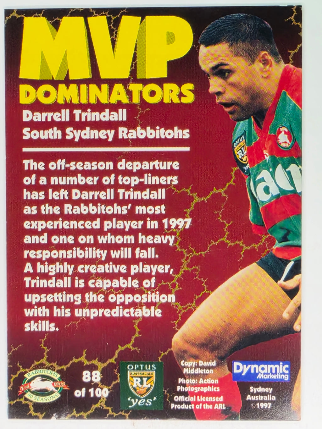 1997 Dynamic Fatty  Fun Pack Base Card #88 Darrell Trindall South Sydney Rabbitohs