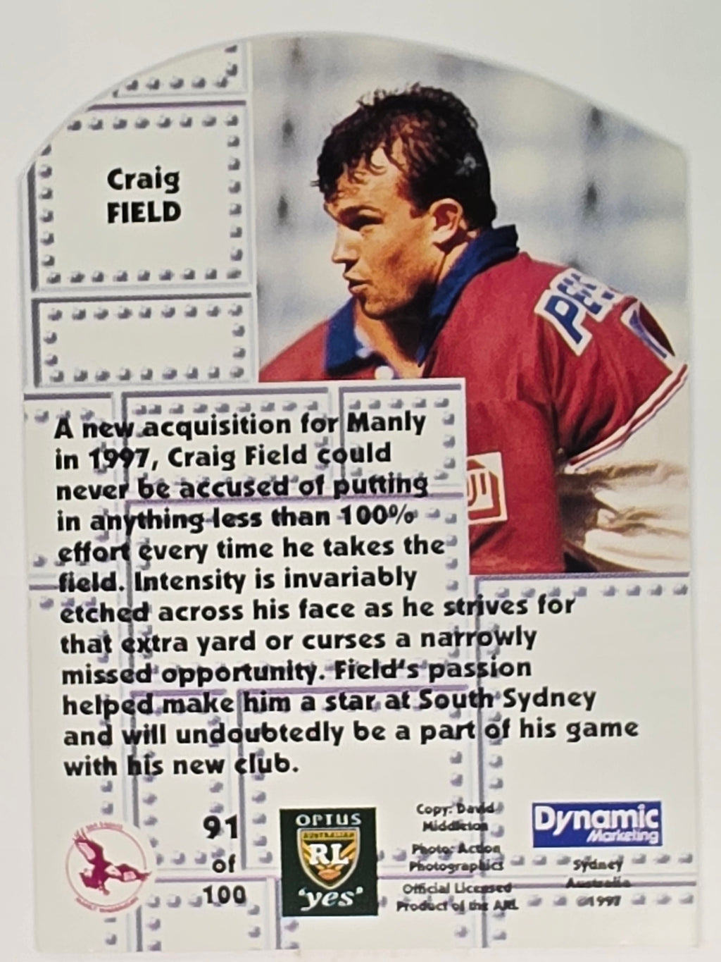 1997 Dynamic Fatty  Fun Pack Base Card #91 Craig Field Manly Warringah Sea Eagles