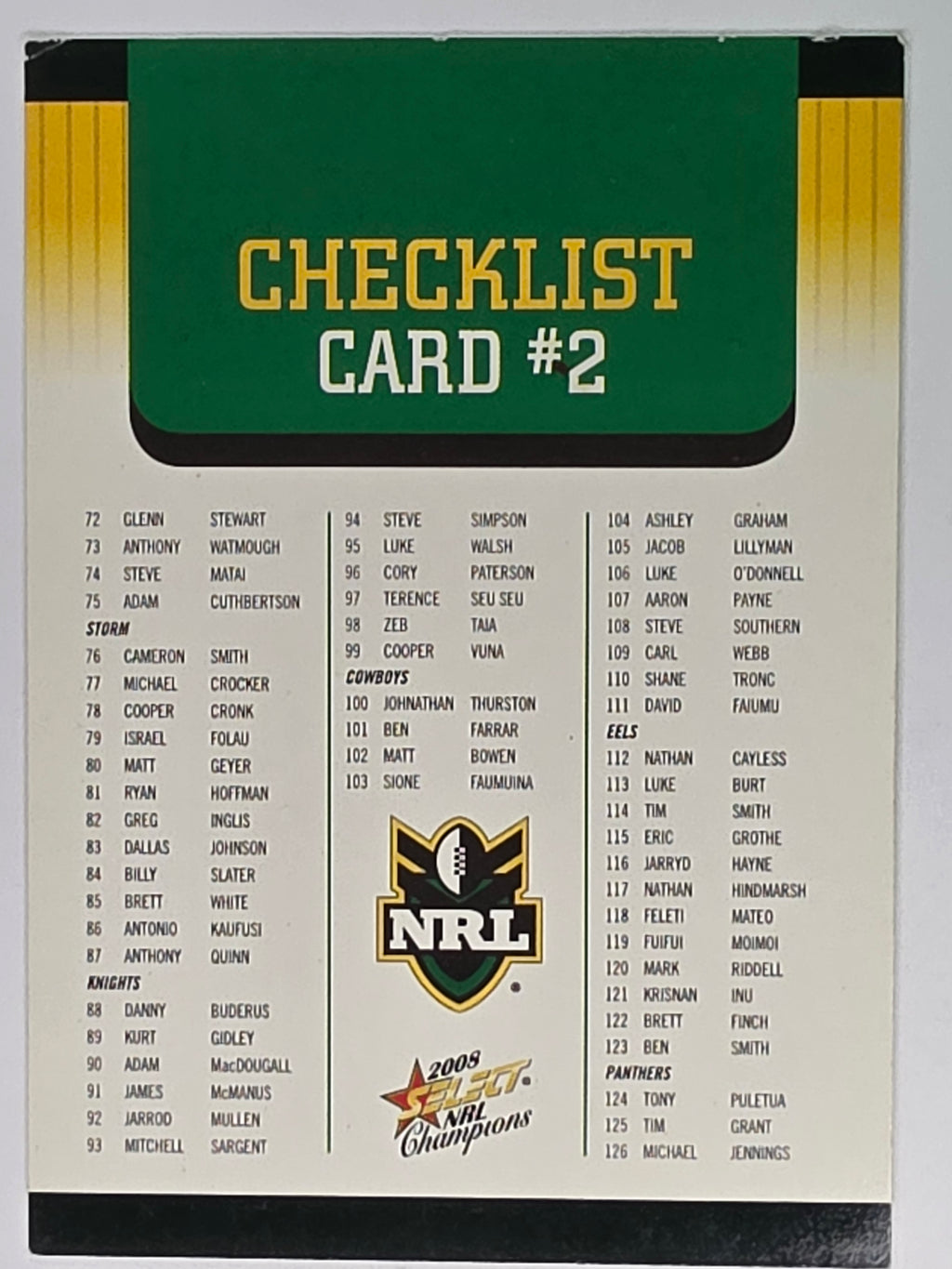 NRL 2008 Champions Base Card #2 Checklist