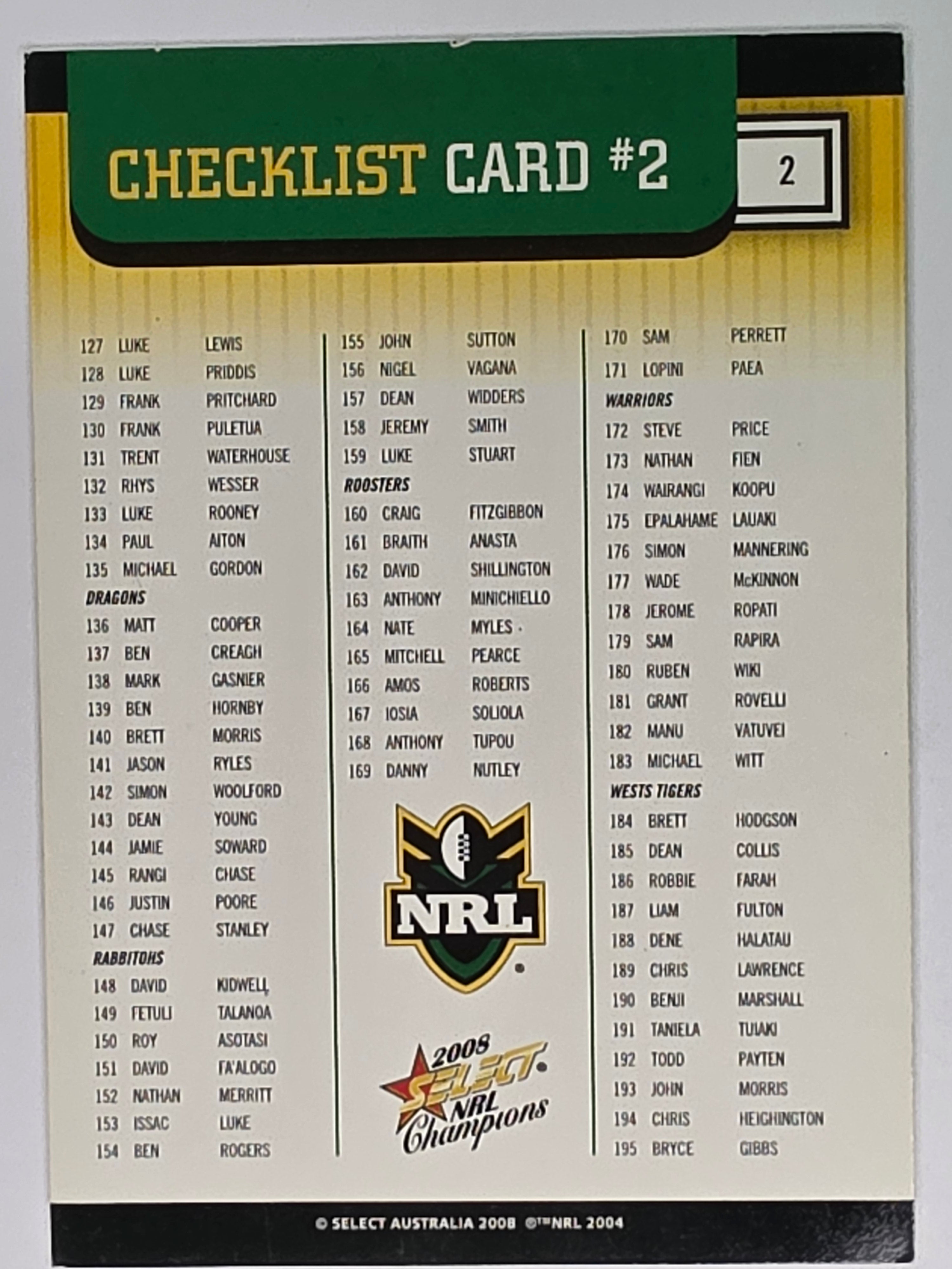 NRL 2008 Champions Base Card #2 Checklist