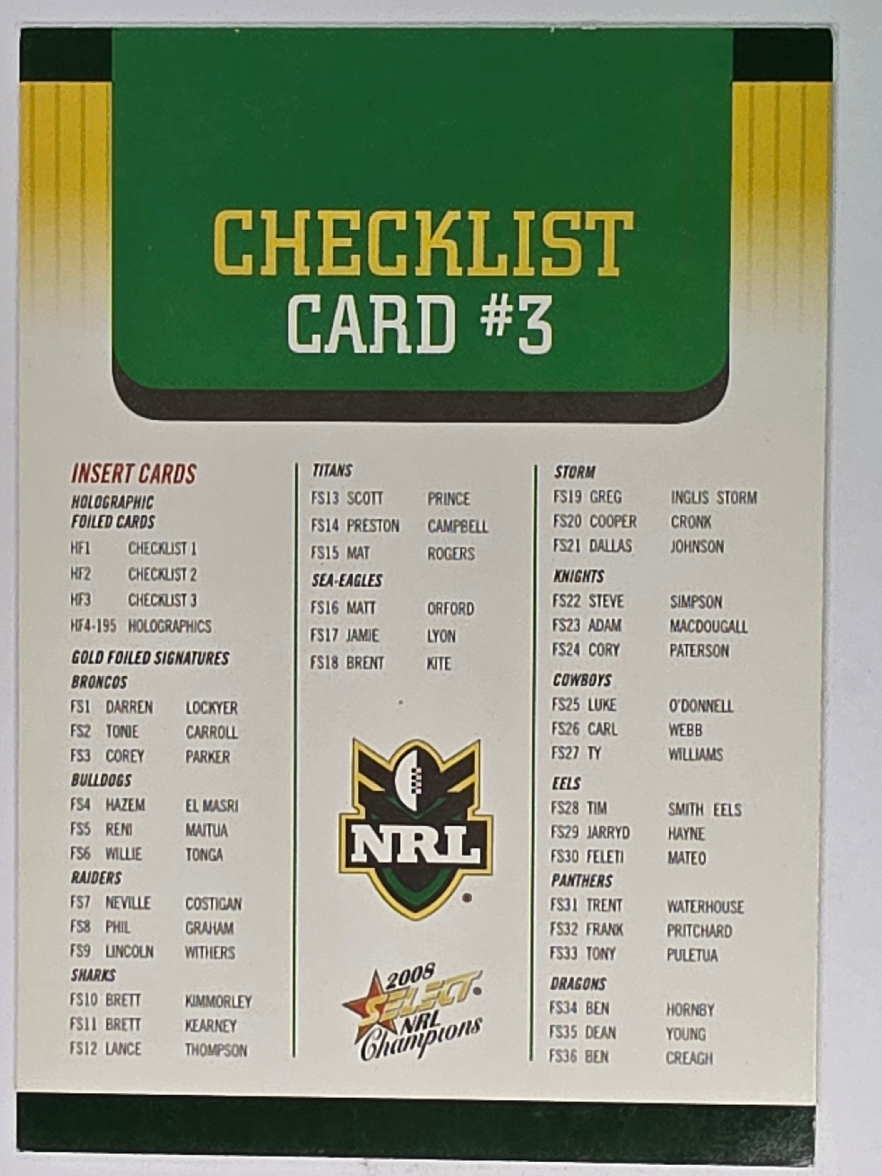 NRL 2008 Champions Base Card #3 Checklist