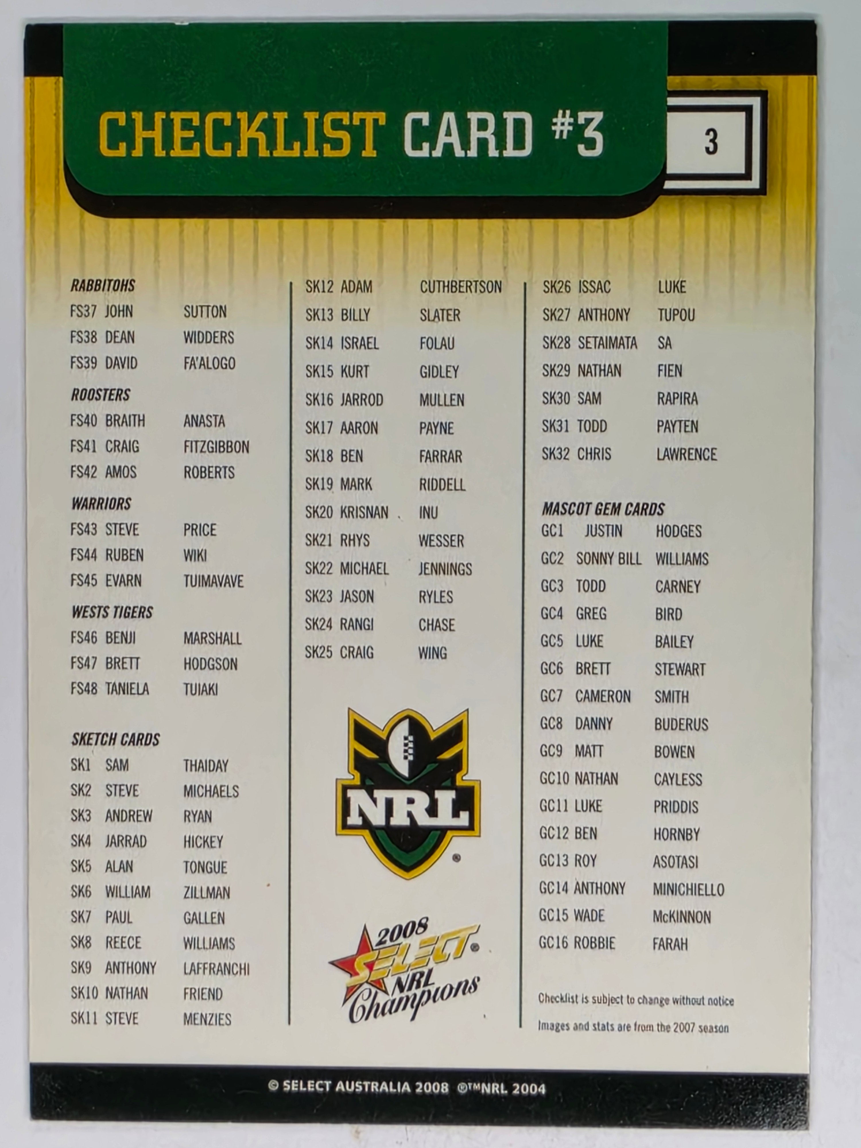 NRL 2008 Champions Base Card #3 Checklist
