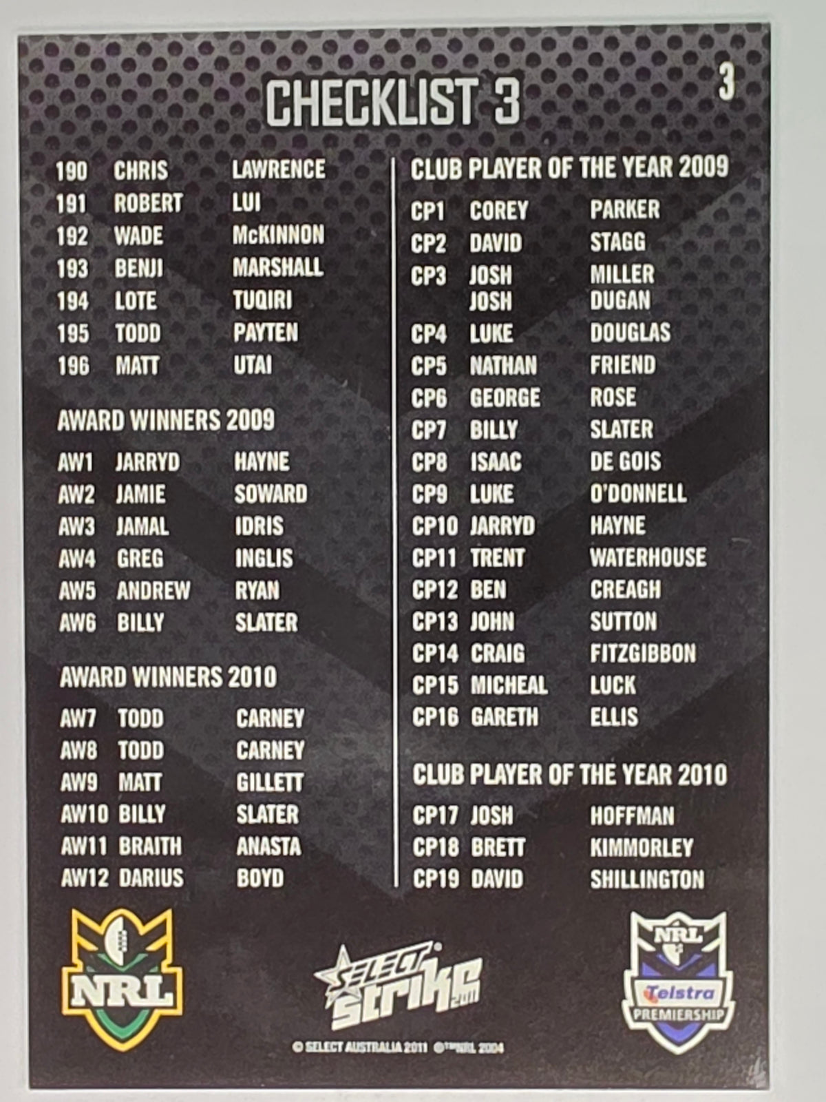 NRL 2011 Strike Base Card #3 Checklist