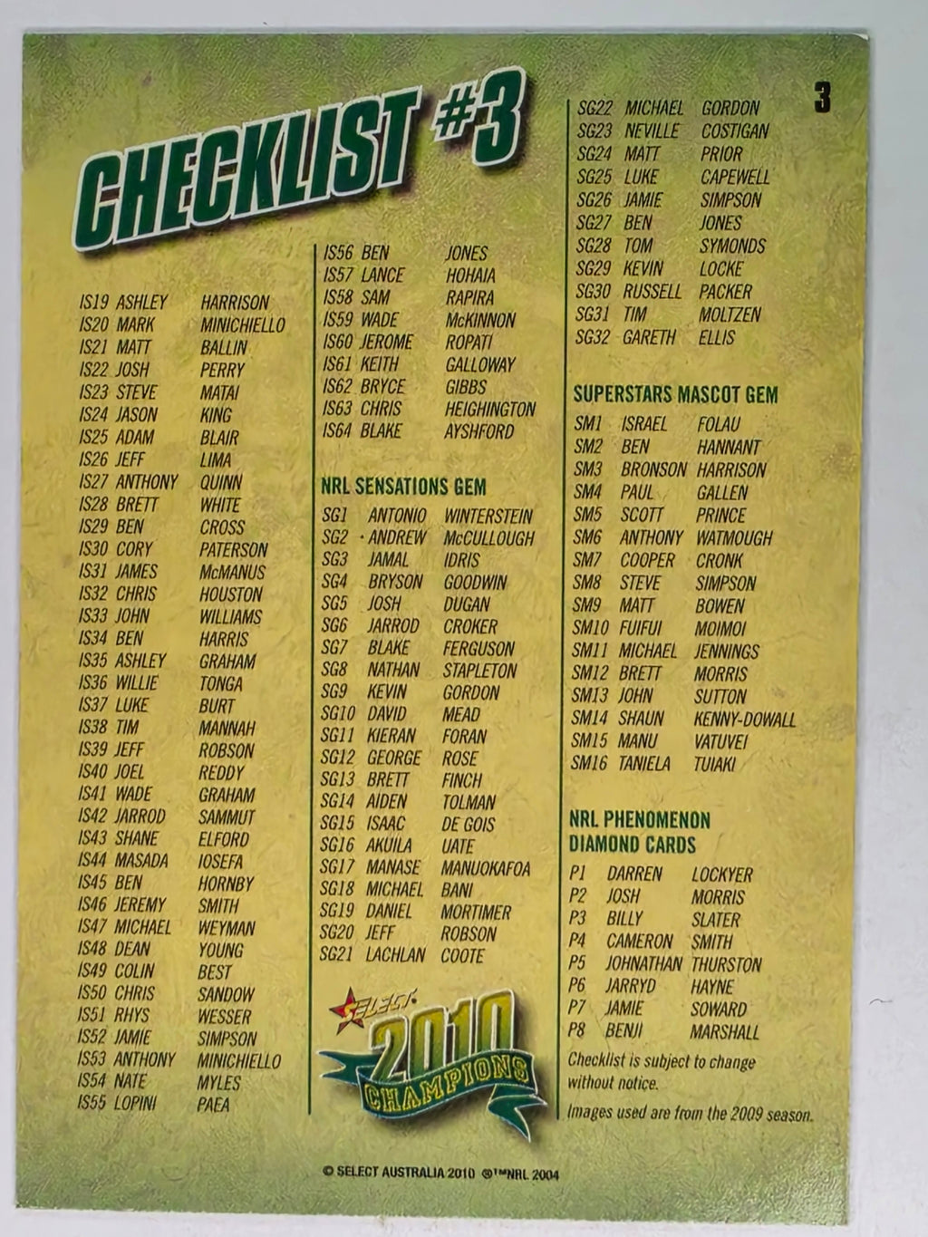 NRL 2010 Champions Base Card #3 Checklist