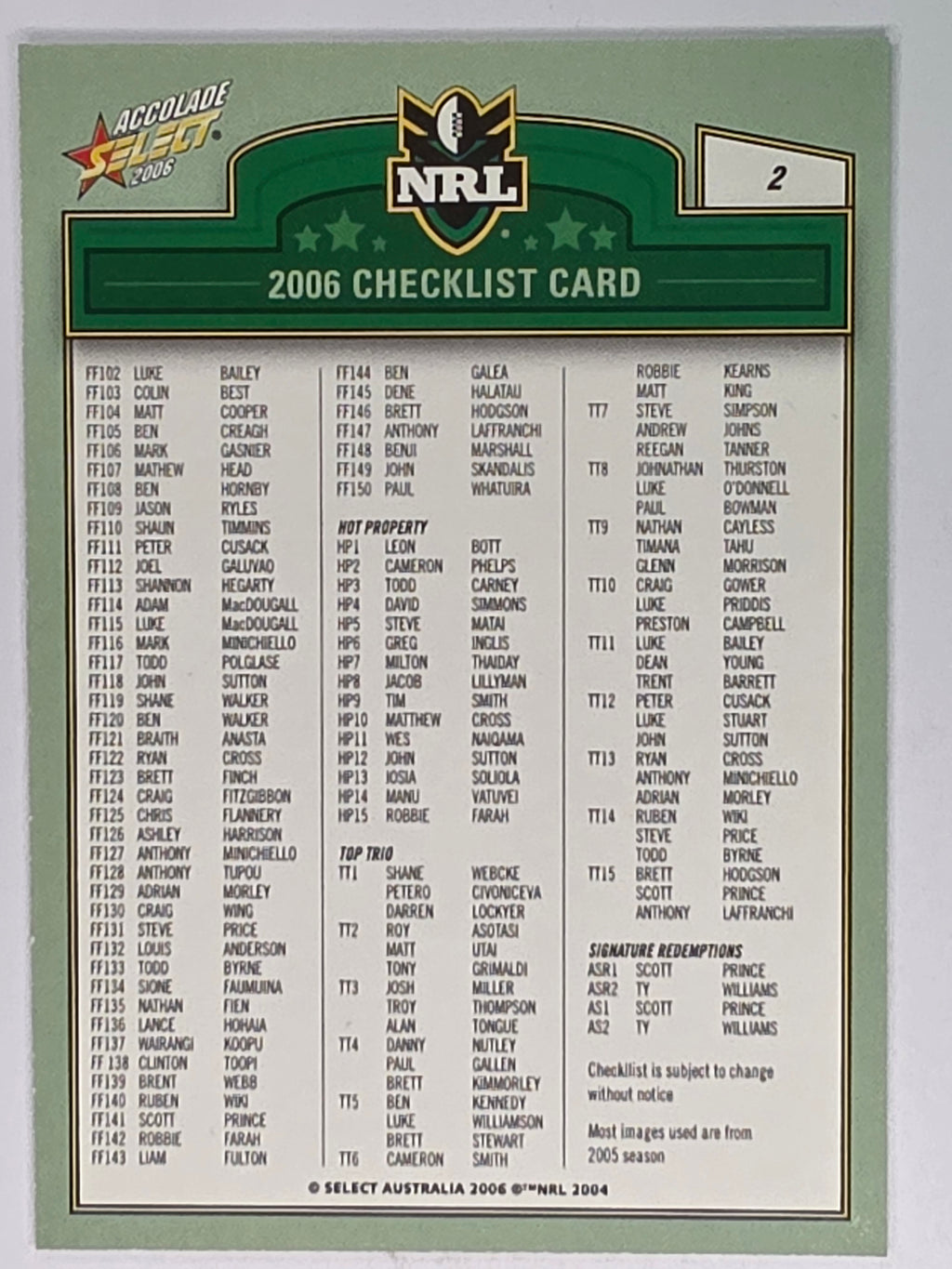 NRL 2006 Accolade Base Card #2 Checklist